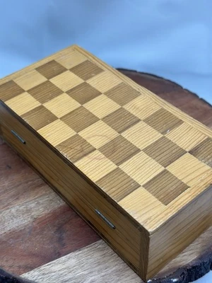 Handmade Wooden Storage Chess Checkers Box Hinged Travel - Image 1 of 4