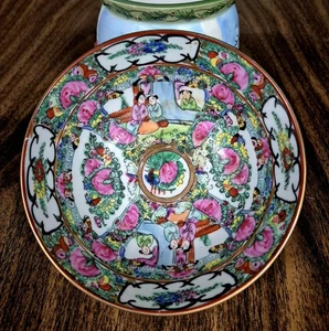 8" Vintage Rose Famille Medallion Geisha Hong Kong Tazón Redondo Pequeño Chip On Rim - Imagen 1 de 13