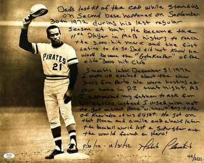 Roberto Clemente Jr. Signed Roberto Clemente Sr. 16x20 Photo / Inscription (PSA) - Image 1 of 4