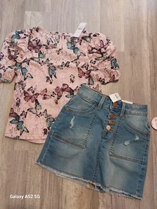 NWT Justice Girls Outfit Lace Built-in Cami Top/Denim Skort  Size 8 (12) - Picture 1 of 8