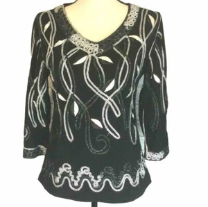 Schwarzes Stretch Top Metallic Blätter Ranken Applikation Borte 3/4 SL V-Ausschnitt M Urlaub - Bild 1 von 4