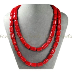Long 36" Big 15-18mm Natural Red Cylinder Coral Gemstone Beads Knot Necklace - Picture 1 of 6