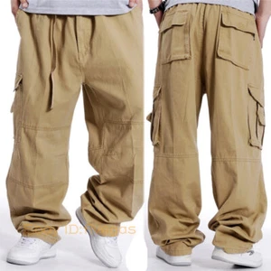 Men Multi Pocket Casual Cotton Cargo Pants Wide Leg Elastic Waist Loose Trousers - Picture 1 of 24