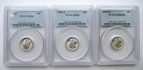 SET OF THREE ~ 1944 P, S, D MERCURY DIMES ~ PCGS MS66 Cover