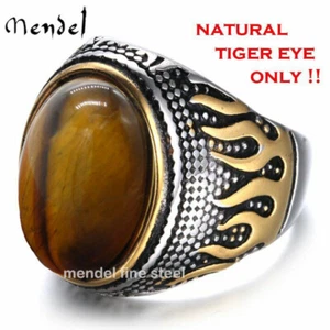MENDEL Mens Stainless Steel Gold Plated Oval Tiger Eye Stone Ring Size 7 8 9-15 - Picture 1 of 7