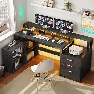 65 in L Shaped Computer Desk w/ File Drawer Desk with Power Outlets & LED Lights - Image 1 of 4