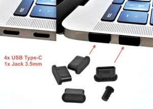 4x USB typu C + 1x gniazdo 3,5 mm zestaw wtyczek przeciwpyłowych czarny silikon do MacBooka Pro 2021 - Zdjęcie 1 z 1