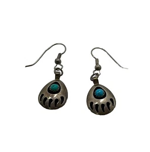 Vintage Sterling Silver & Turquoise Bear Claw Earrings Signed Mike Chee Navajo - Picture 1 of 4