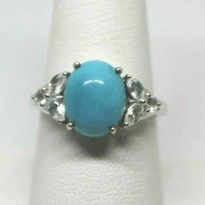 Ladies Sterling Silver NOS Cabochon Turquoise And Cubic Zirconia Ring Size 8 - Picture 1 of 5