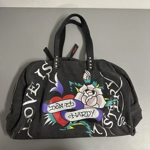 Vintage Don Ed Hardy Designs Love Is Mystery Black Bowlers Zip Around Duffle - Picture 1 of 9