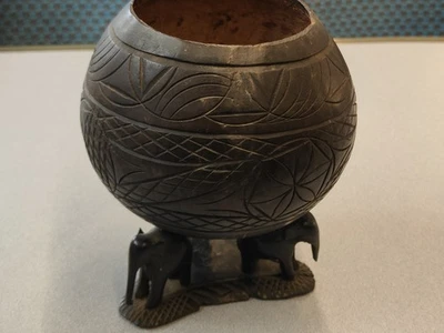 Late Victorian Anglo-Indian Carved Coconut on Top of Three Carved Elephants. - Image 1 of 4