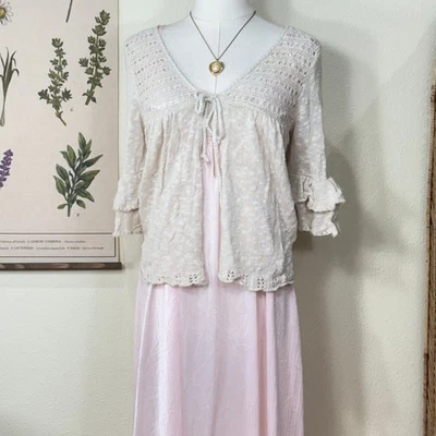 Y2k Cream Linen Tie Front Ruffle Babydoll Cardigan Dolly Fairy Gloomy Coquette S - Image 1 of 4