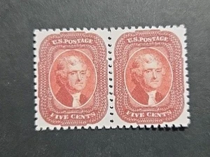 US Stamps SC# 28 1857 5C Jefferson Replica Pair - Picture 1 of 2