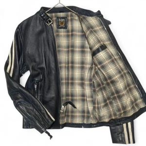 Schott Classic Racer Leather Jacket S Black Cowhide Check Lining Side Stripe - Picture 1 of 8
