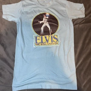 Vintage 1977 Elvis Presley The King Lives On T-Shirt Blue Single Stitch Baby T X - Picture 1 of 6