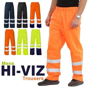 HI VIZ WATERPROOF RAIN OVER TROUSERS MENS ELASTICATED HIGH VIS VISIBILITY PANTS - Picture 1 of 9