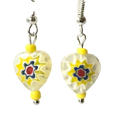 Vintage Murano Millefiori Heart Glass Earrings Yellow White Bead Silver Plated - Image 1 of 4