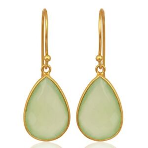 Green Chalcedony Gemstone Drop Dangle Earrings In Brass With Yellow Gold Plated