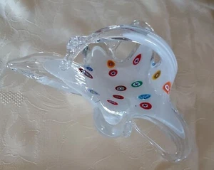 SWAN FORM GLASS CANDY DISH BOWL WITH HANDLE WHITE CLEAR MULTICOLOR DOTS Murano? - Picture 1 of 8