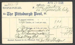 DATED 1908 PC PITTSBURGH PA POST NEWSPAPER PD BILL RECEIPT - Picture 1 of 1