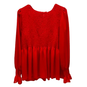 Rose + Olive gesmokte hellrote Langarm Schößchen Bluse Damen Small Boho gebraucht, in einwandfreiem Zustand - Bild 1 von 10