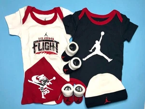 AIR JORDAN BABY BOYS 6-pc Gift set: Bodysuits, Bib, Booties & Cap 0-6 Months - Picture 1 of 5