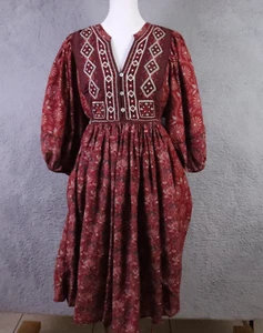 Sundance Lizet Dress Womens XL Henna Red Embroidery Puff Sleeves Side Ties Boho - Picture 1 of 9
