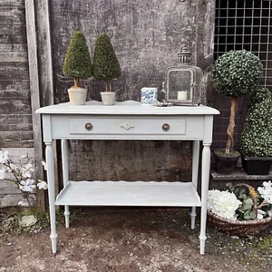 Grey Hand Painted Vintage Country Chic Style Pretty Scallop Rim Console Table - Picture 1 of 11