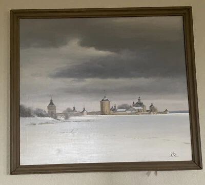 Ucrania Original Pintura al Óleo Invierno Nieve Castillo Grande Palacio 38” X 35” Foto 1 de 4