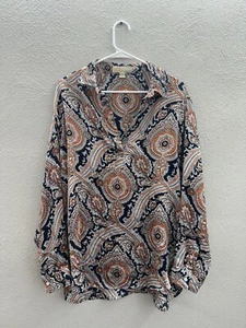 Michael Kors Womens Blouse Size XL Blue Paisley Collared V-Neck Long Sleeve - Picture 1 of 10