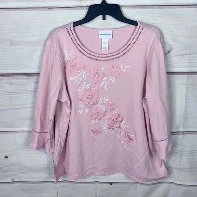 Alfred Dunner Top Womens L Pink Floral Appliqué Embroidered T-Shirt 3/4 Sleeve - Image 1 of 4