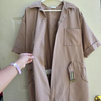 Retro Jumpsuit Tan Utility Style Short Sleeve Snap Front Elastic Waist - Image 1 of 4