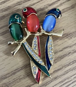 Vtg Red Blue & Green Enamel Parrots Birds Brooch Pin Rhinestone 2x3” Cabochon - Picture 1 of 4