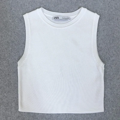 Zara 女式背心针织无袖短毛衣圆领中号白色 — 第 1/4 张图片