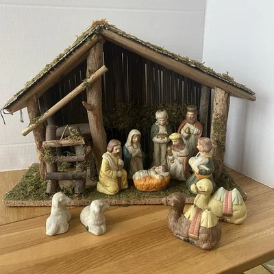 Large Vintage Christmas Nativity Set Scene Ceramic Figures Wood Stable With Box - Image 1 of 4