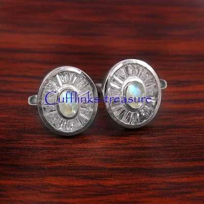 Gemelos de plata de ley 925 con piedras preciosas naturales de luna y circonita cúbica #7451 Foto 1 de 4