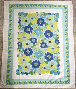 Vtg Printed Tablecloth Blue flowers retro Mid Century Cotton Rectangular 52x60” - Picture 1 of 2
