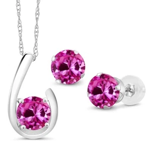 3.00 Ct Pink Created Sapphire 10K White Gold Pendant Earrings Set With Chain - Picture 1 of 4