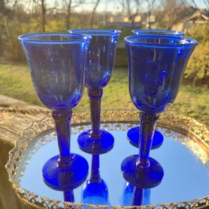 Set Of 4 Cobalt Blue Hand Blown Stemmed Wine Water Glasses Goblets - Picture 1 of 11