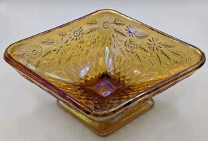 Lovely Vintage Marigold Amber Carnival Glass Diamond Shaped Candy Dish Footed  - Picture 1 of 19