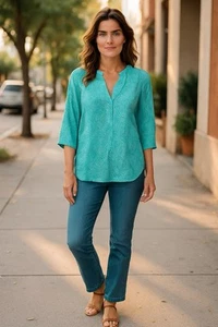 Escapada Splice V-Neck Print Green Blouse 3/4 Sleeve Tunic Top Size Medium - Picture 1 of 7