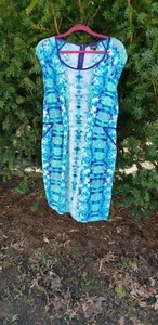 Wassio Dress Size L.  Sleeveless Fitted Dress. Geometric Print. Shades of Blue. - Picture 1 of 7