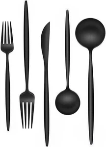 Matte Black Silverware Set 20 Piece, Stainless Steel Flatware Set Service for... - Picture 1 of 6
