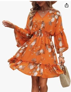 Jollycode Orange XL Smocked Waist Chiffon Floral Dress Tiered Mini 3/4 Sleeve - Picture 1 of 12