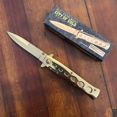 Navaja de Bolsillo Plegable Asistida Abierta con Resorte Stiletto Italiana Dorada Completa Foto 1 de 3