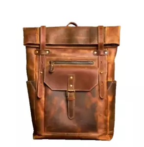 Slim Style Vintage Leather Backpack Crazyhorse Roll Top Closure Road Trip Bag - Picture 1 of 6