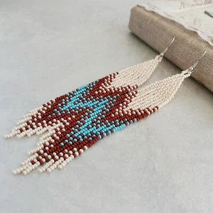 Long beaded fringe dangle earrings Ethnic woman handmade seed bead jewelry gift - Picture 1 of 6