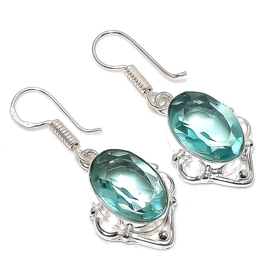 Aqua Aquamarine Gemstone Handmade 925 Sterling Silver Jewelry  Earring Sz 1.25" - Image 1 of 1