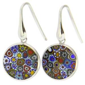 Glass Of Venice Italian Murano Glass Earrings Dangle Round Multicolor Millefiori