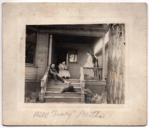 CIRCA 1890s MOUNTED BOARD PHOTO FAMILY ON FRONT PORCH OF HOUSE WITH THEIR DOG - Picture 1 of 4
